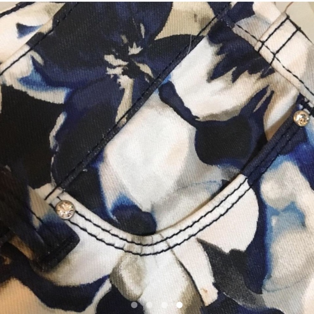 White & Blue Floral Slim Ankle Rhinestone Denim Jeans - Picture 11 of 13